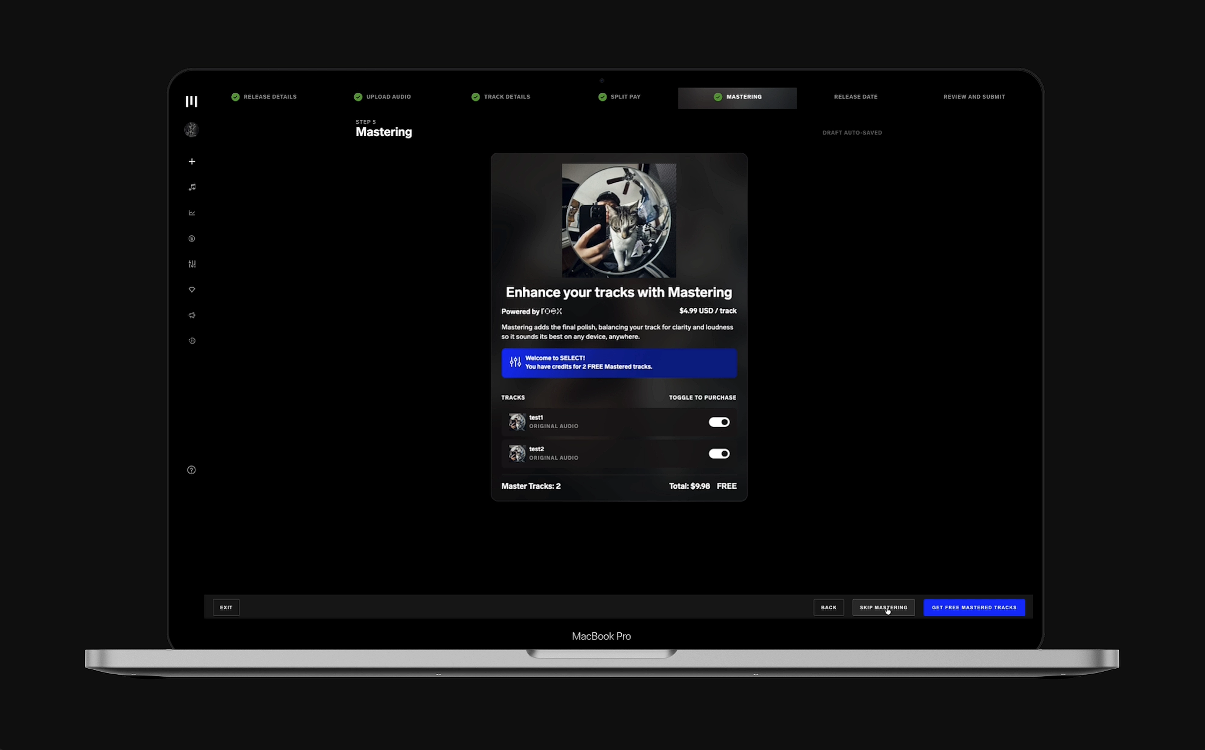 Mastering step showing track list with toggle-to-purchase and free credits promotion