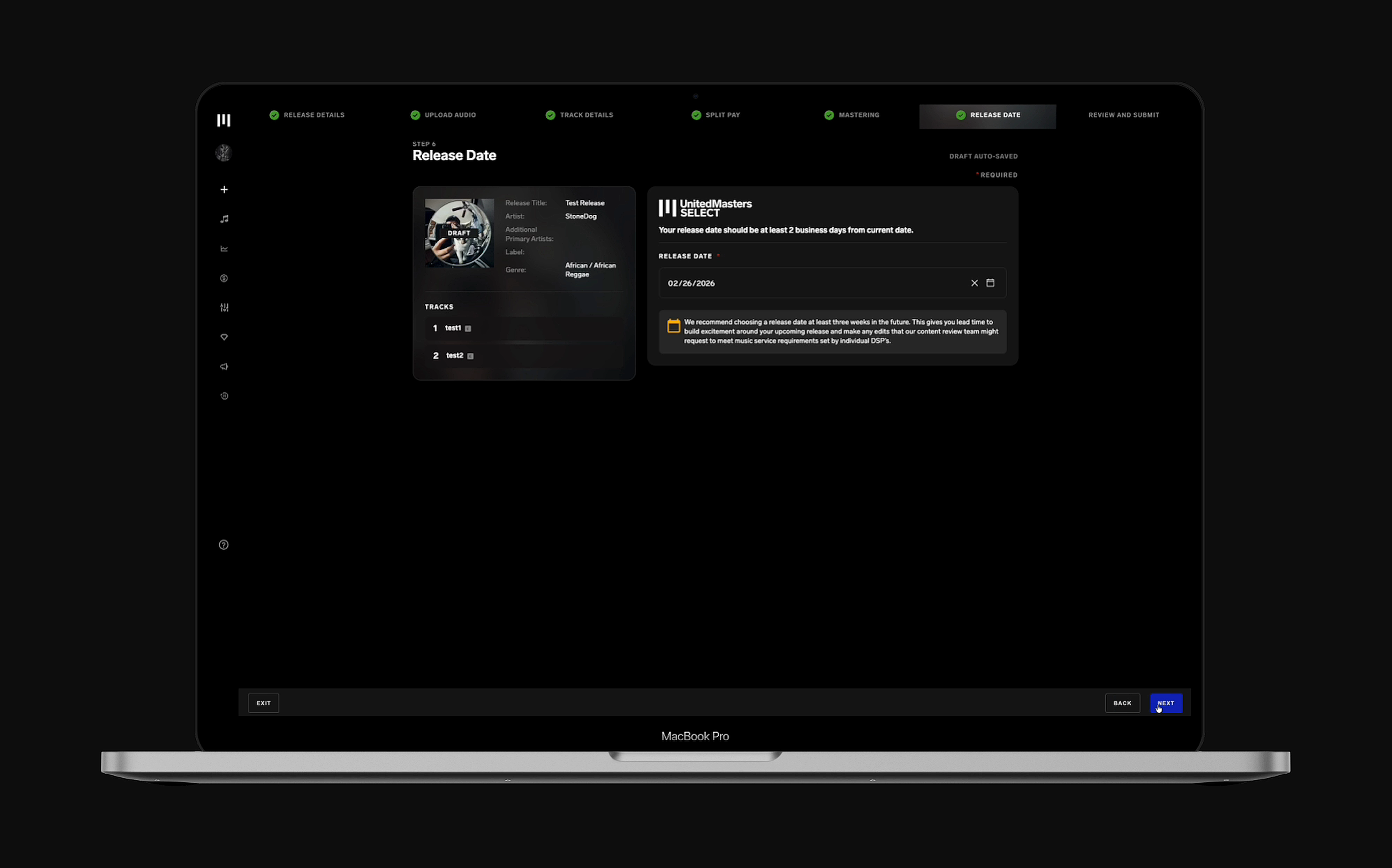 Release date step with date picker, release summary, and recommendation banner