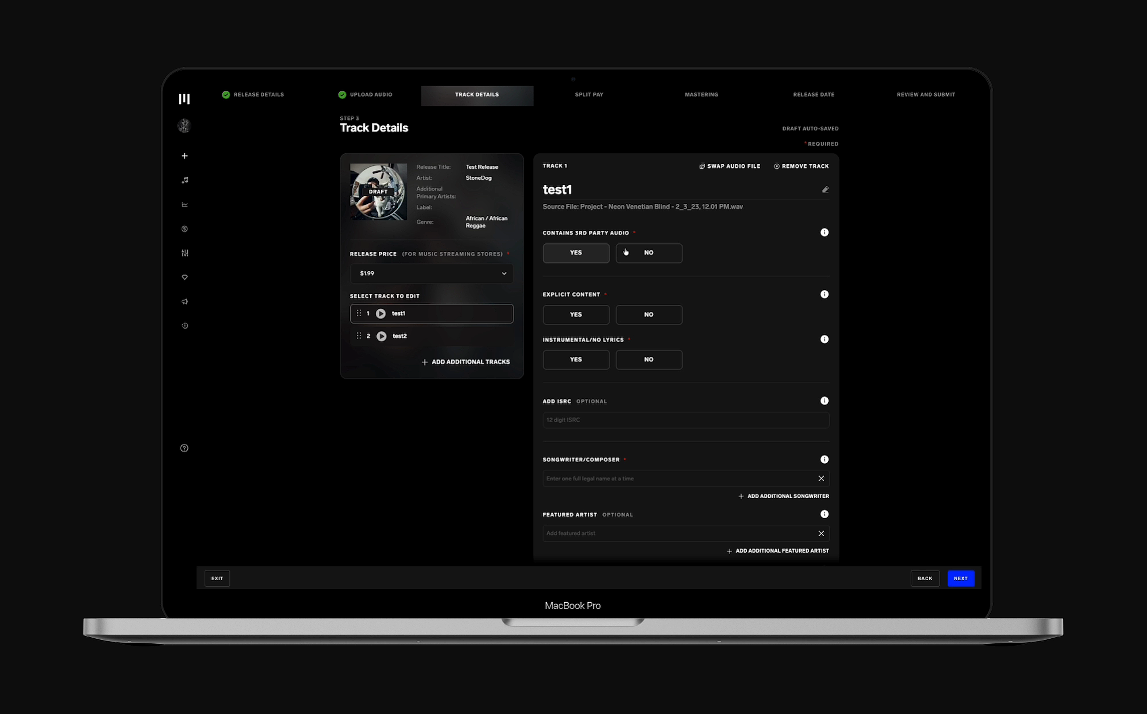 Track details step with release summary sidebar, track selector, and structured metadata form
