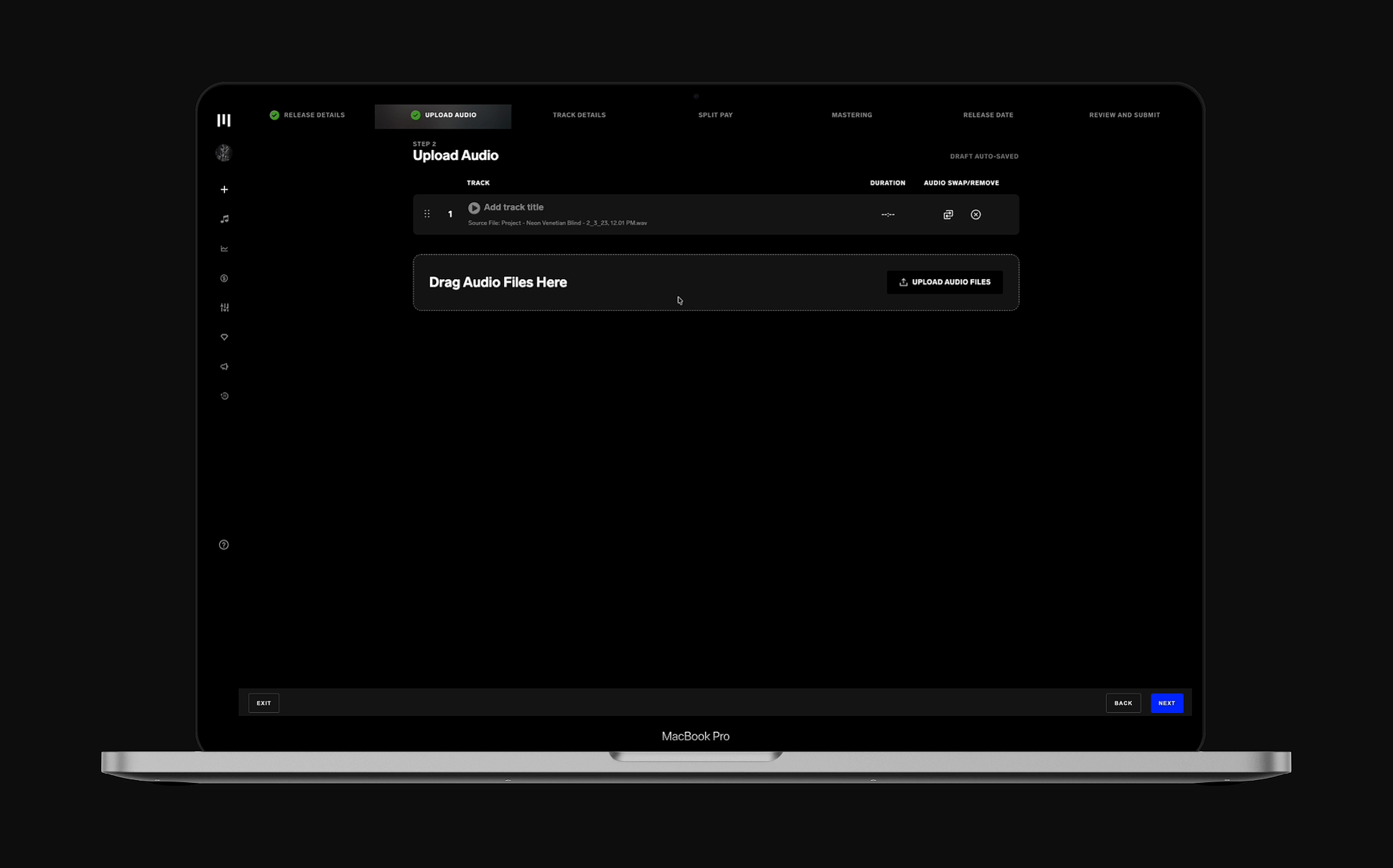 Upload audio step showing uploaded track with duration, drag-and-drop area, and step navigation