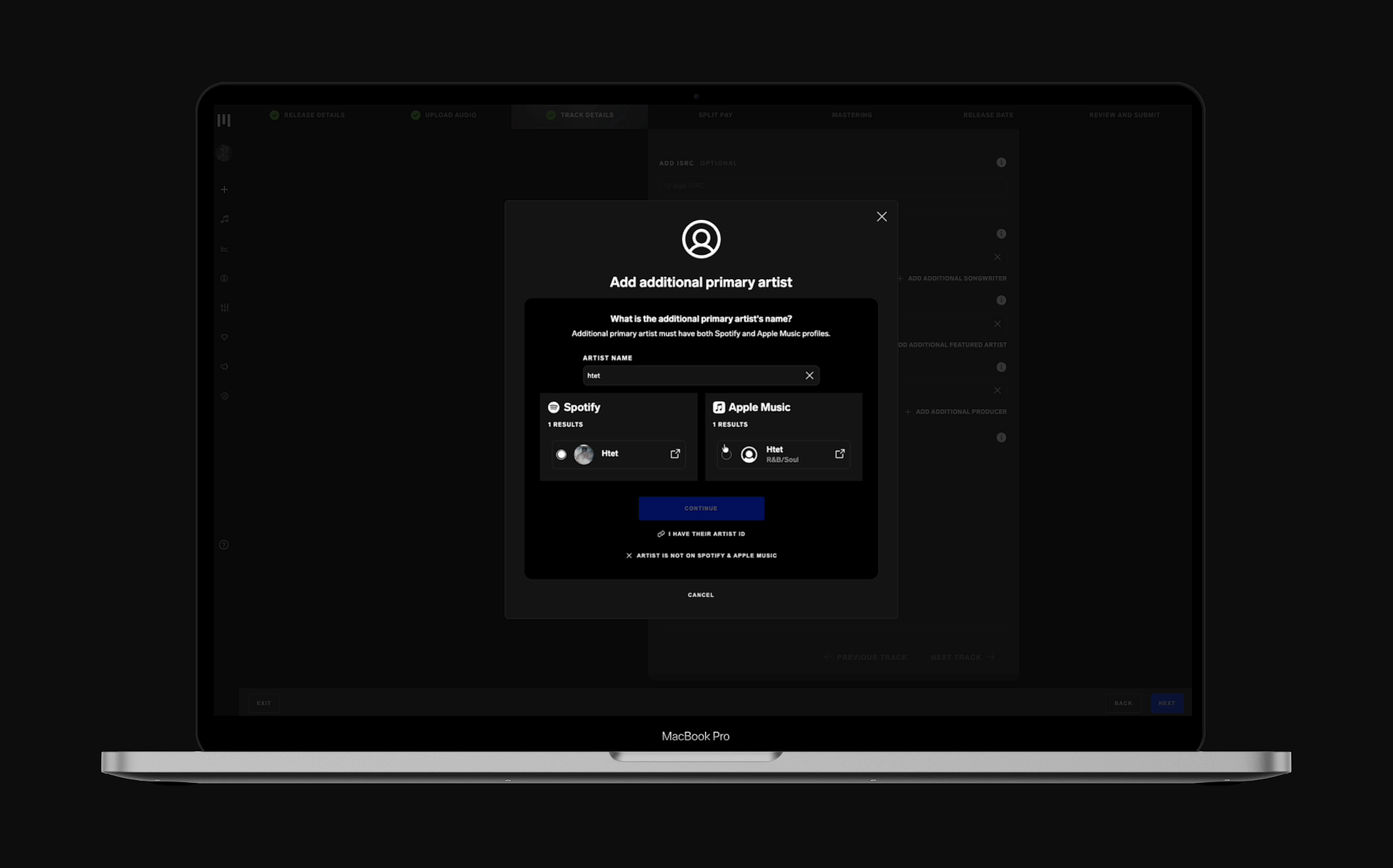 Cross-platform artist search showing Spotify and Apple Music results