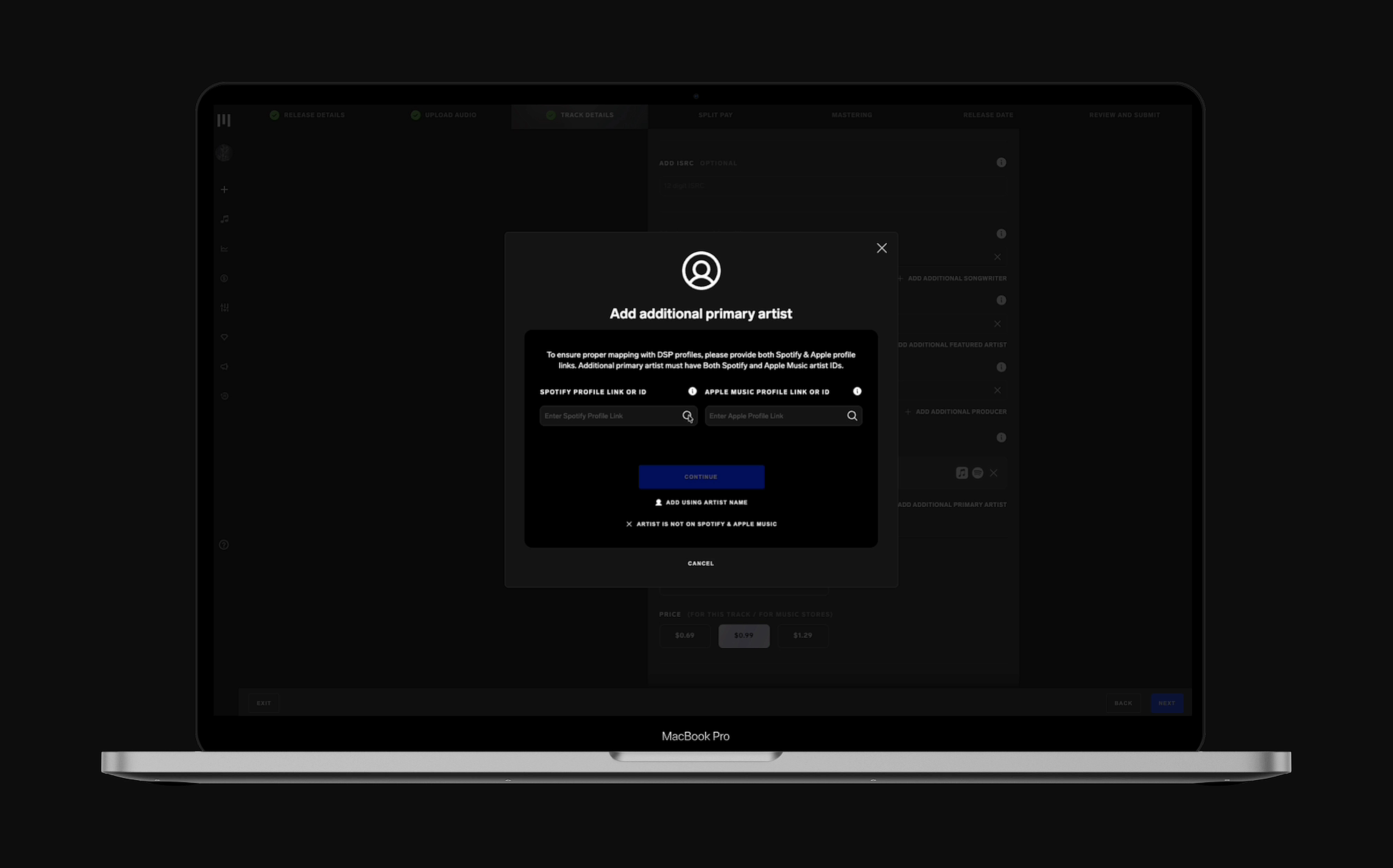 Manual artist ID entry flow with Spotify and Apple Music profile link fields