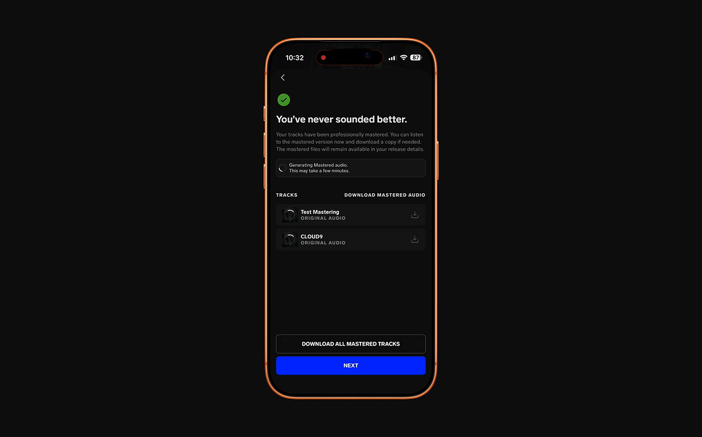 iOS mastering success screen — You have never sounded better — with download options