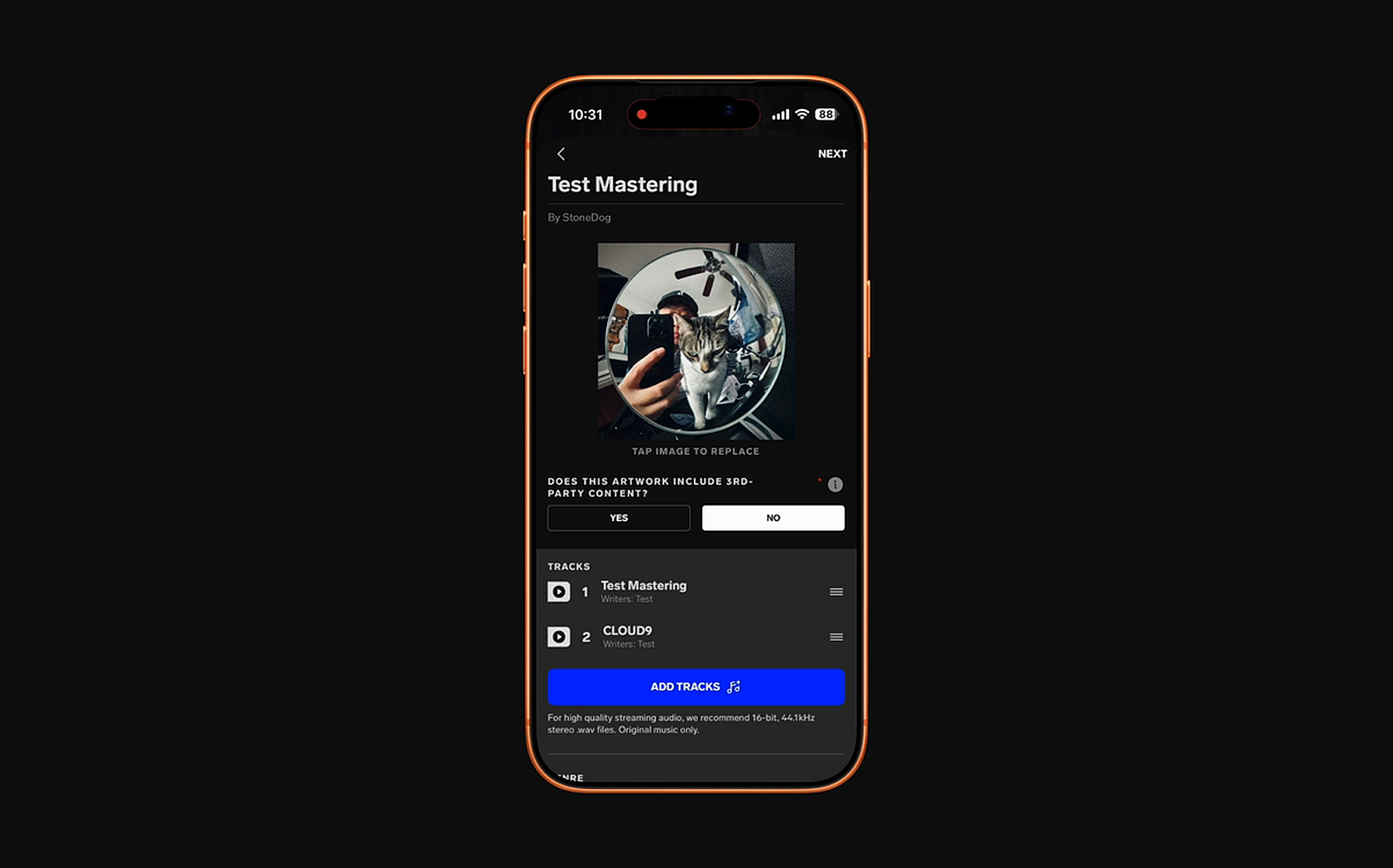 iOS release form with track list, artwork, and ADD TRACKS call-to-action