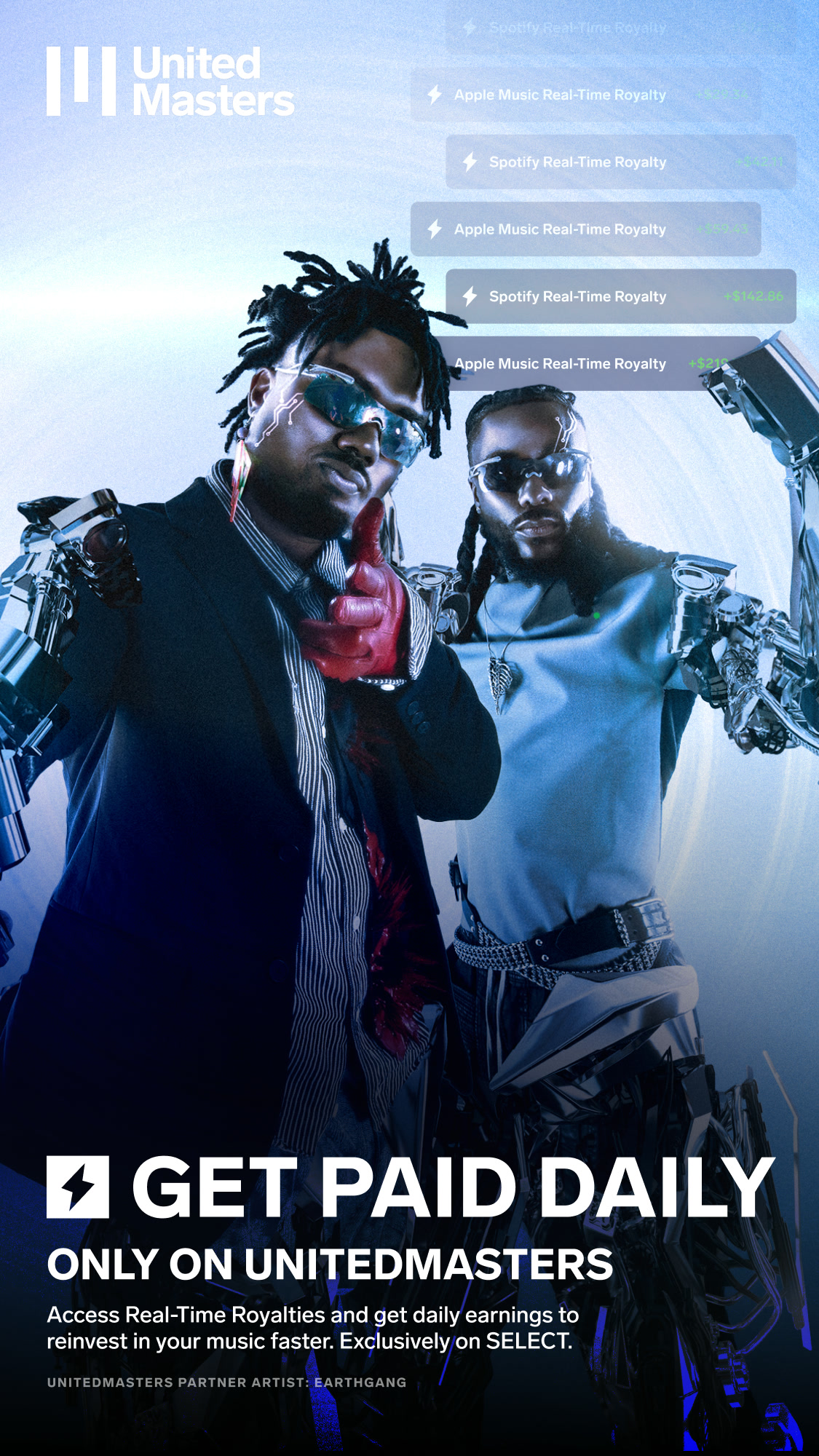 EARTHGANG RTR story format campaign with real-time earnings UI mockup