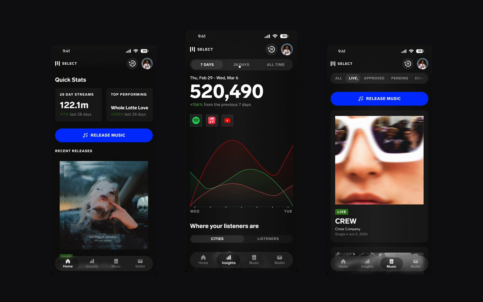UnitedMasters App 3.0 — redesigned Home, Insights, and Music screens